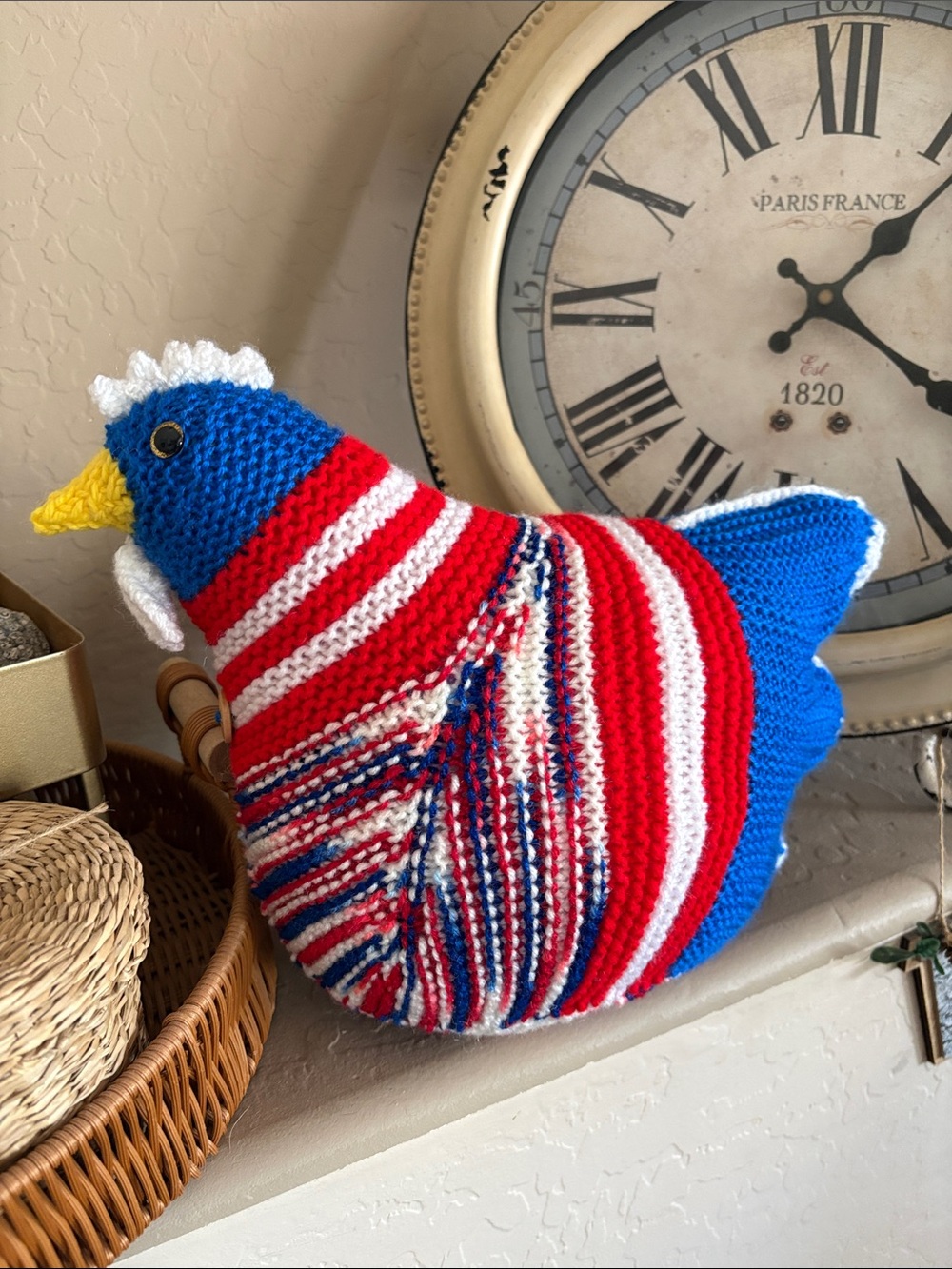 Handmade Red, White & Blue Striped Plush Chicken for emotional support